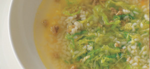 Rice soup with salame and cabbage