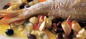 Roasted snapper with olives and fennel